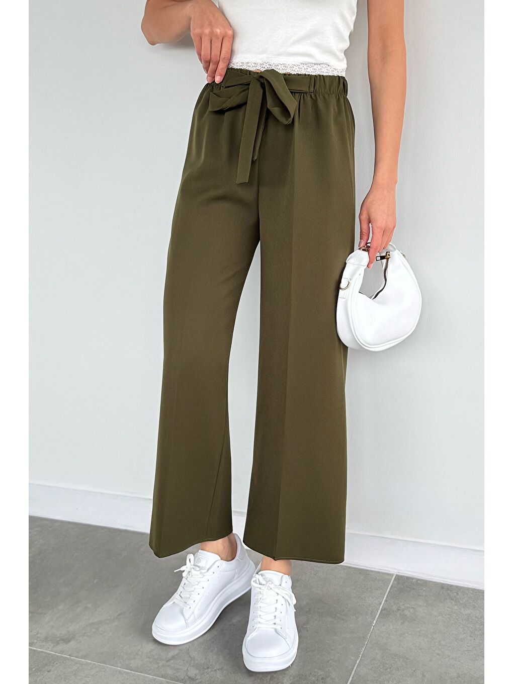 Haki Kadın Bel Bağlamalı Bol Paça Pantolon-1