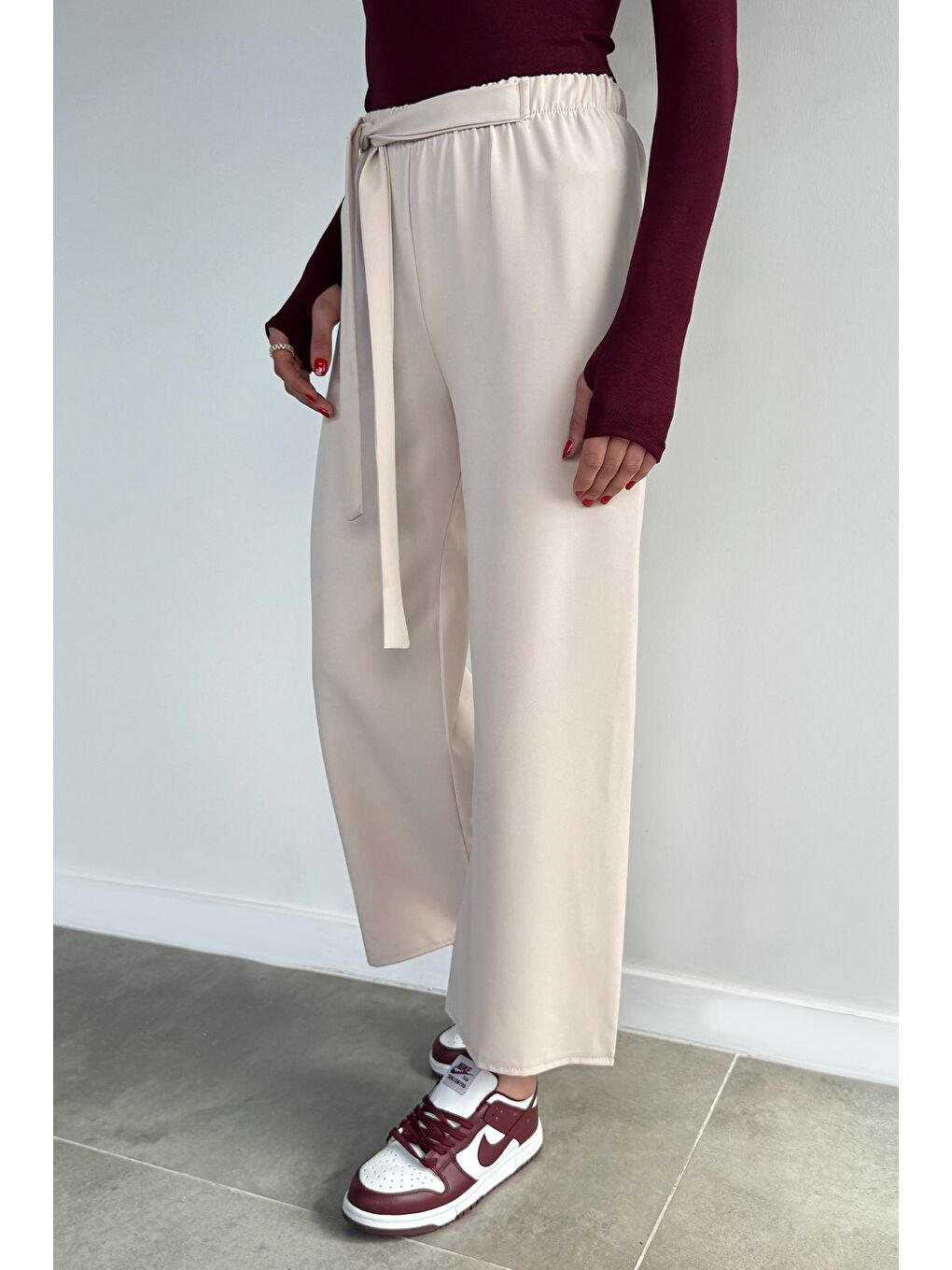 Bej Kadın Bel Bağlamalı Bol Paça Pantolon-2