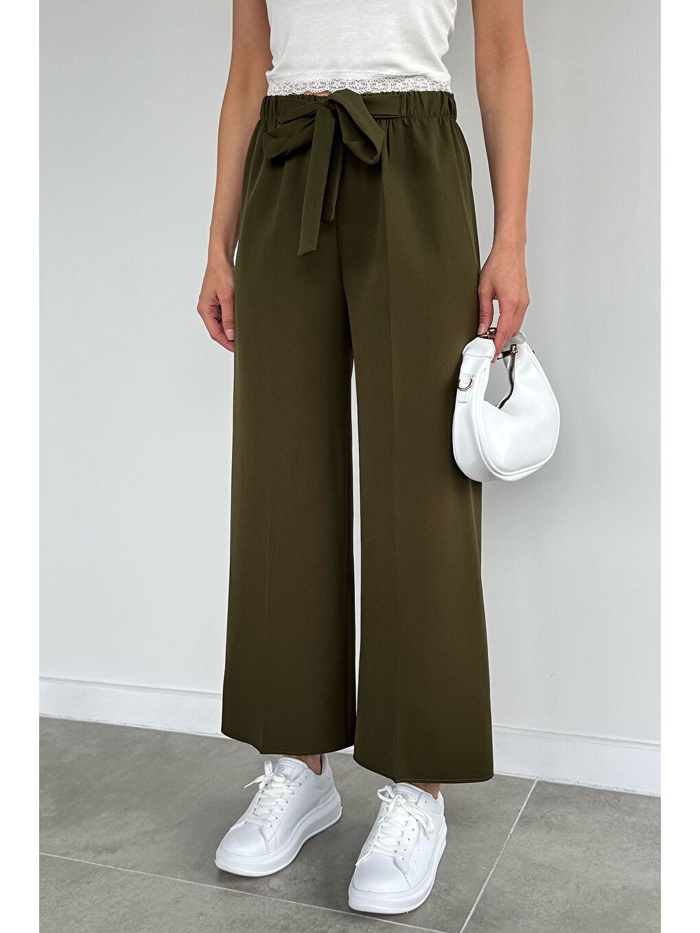 Haki Kadın Bel Bağlamalı Bol Paça Pantolon-2