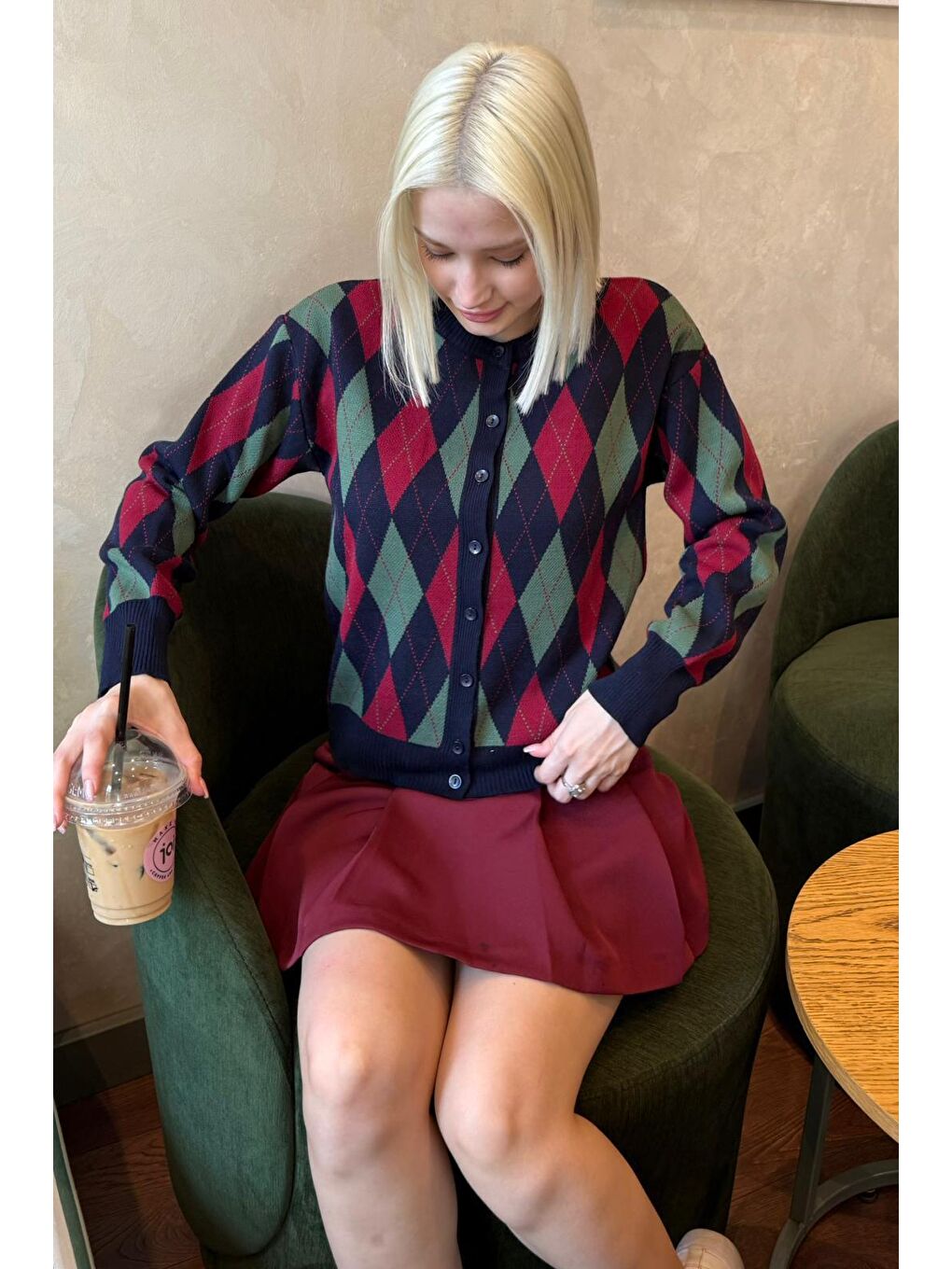 Lacivert Baklava Desenli Bisiklet Yaka Kadın Hırka Mg2496-1