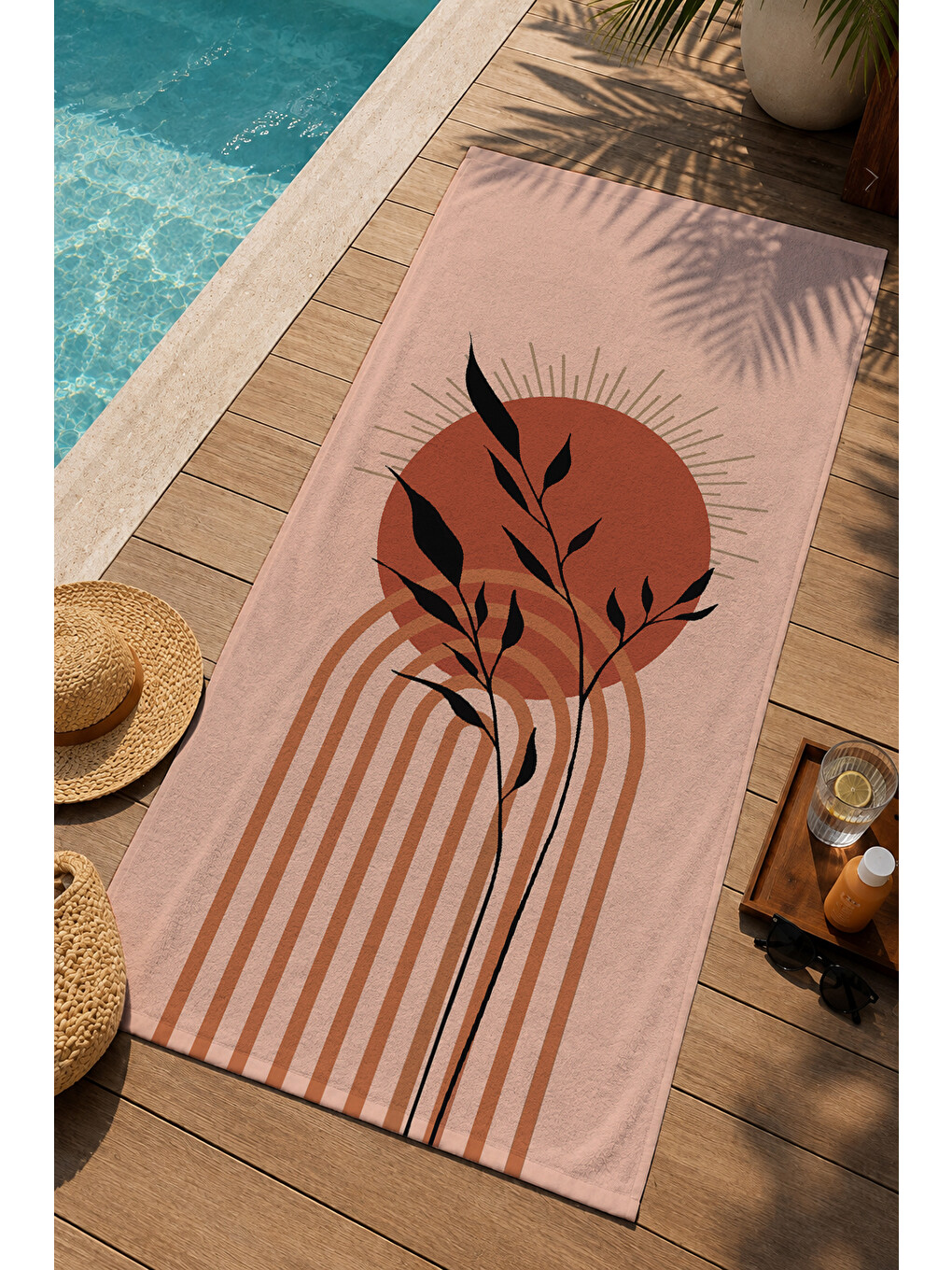 Pudra Pembe Terracotta Yaprak Desenli 70x150 Cm Dijital Baskılı Plaj Ve Banyo Havlusu-1