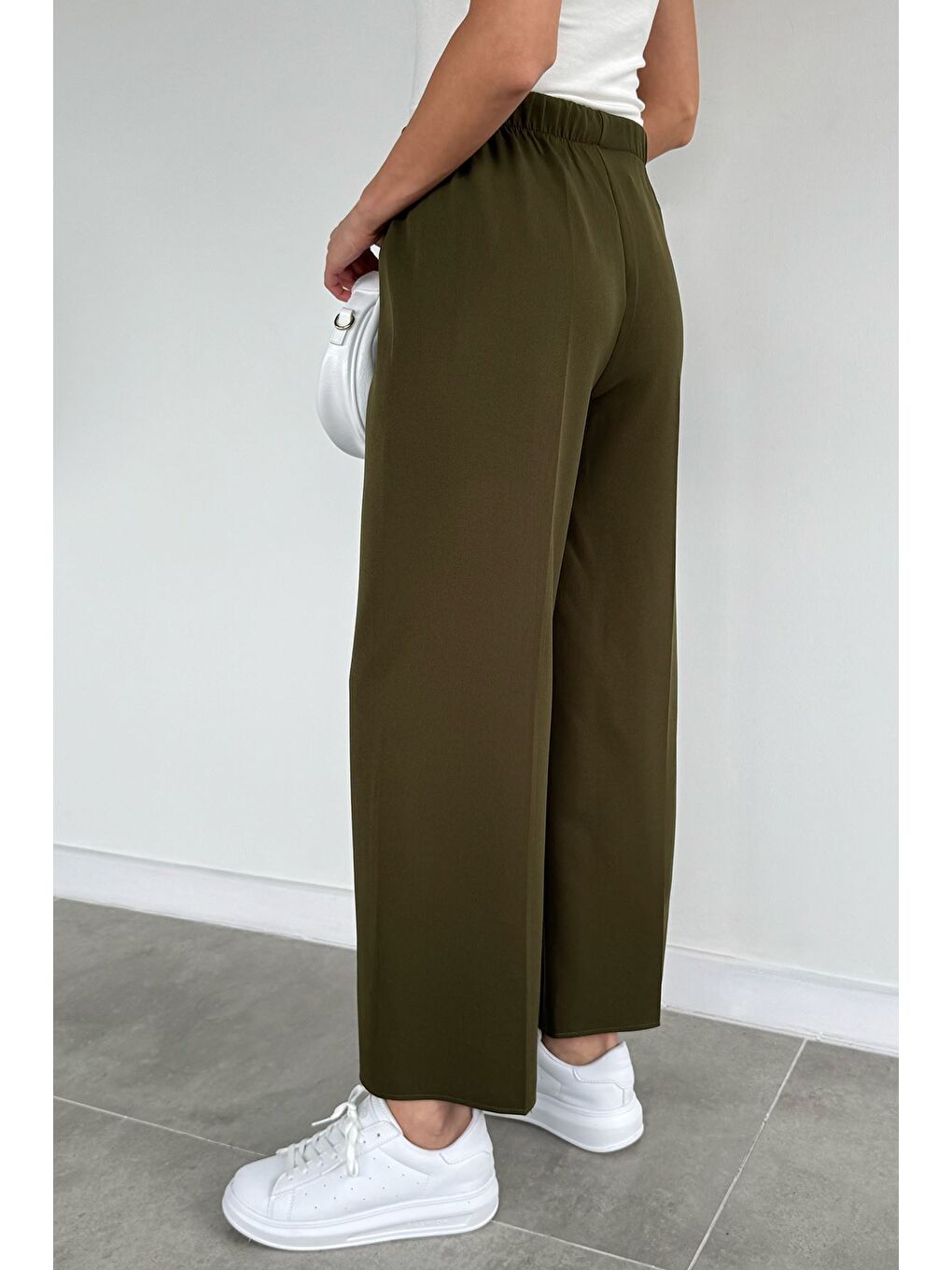 Haki Kadın Bel Bağlamalı Bol Paça Pantolon-3