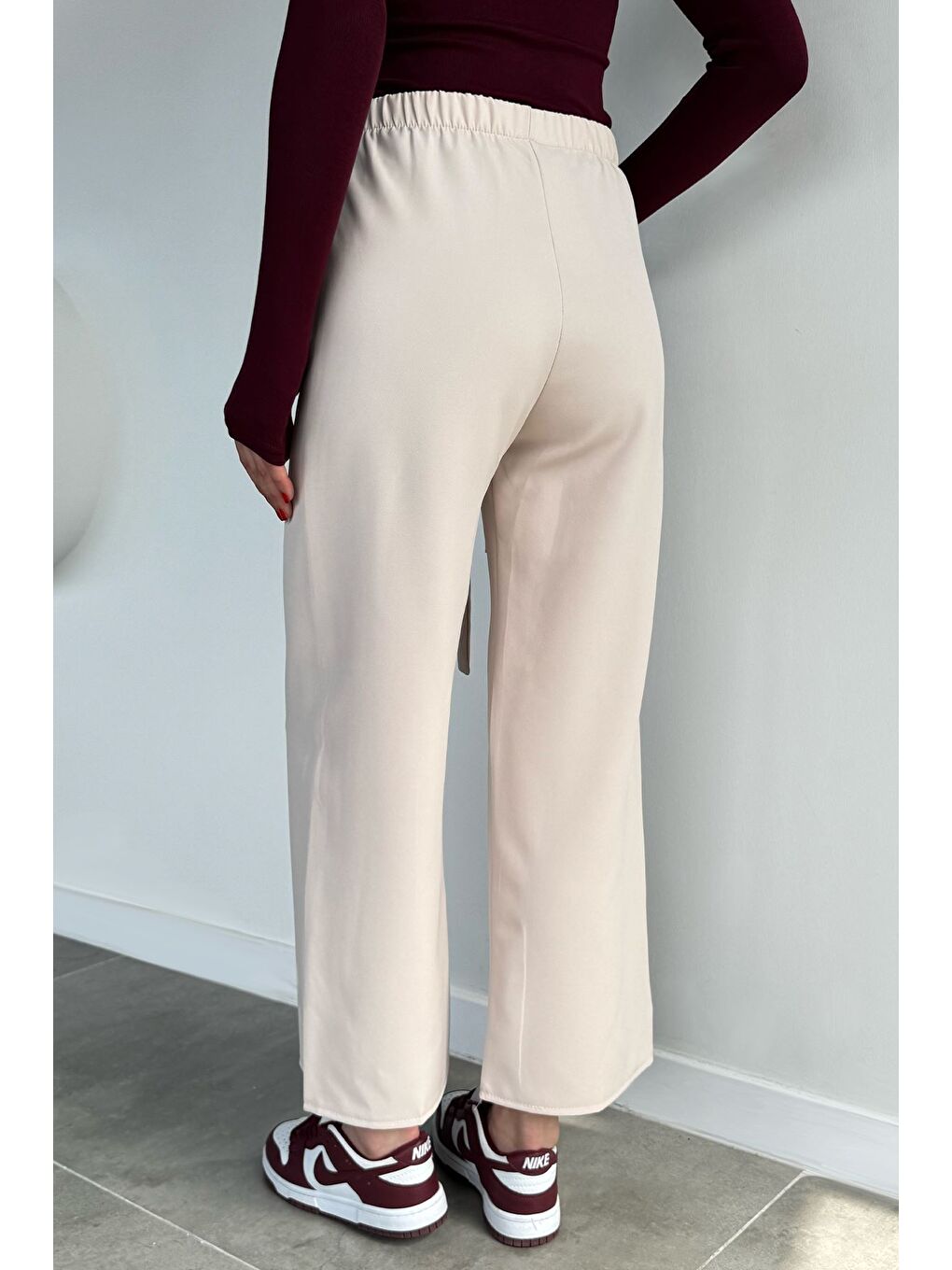 Bej Kadın Bel Bağlamalı Bol Paça Pantolon-4