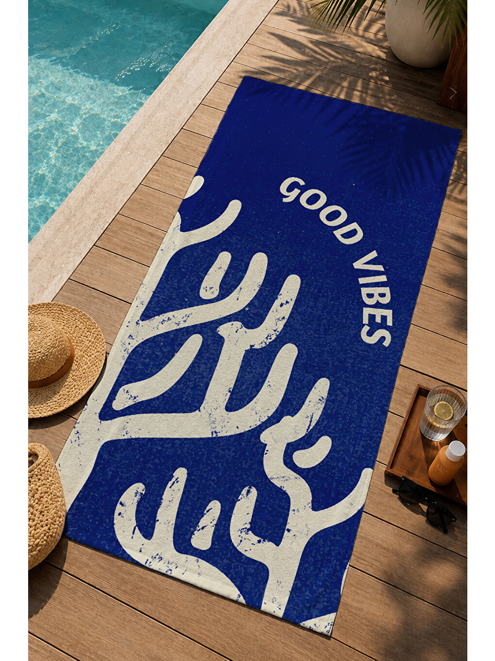 Lacivert Good Vibes Yazılı Minimal El Desenli 70x150 Cm Dijital Baskılı Plaj Ve Banyo Havlusu-2