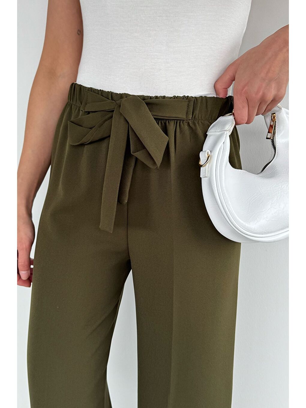 Haki Kadın Bel Bağlamalı Bol Paça Pantolon-4