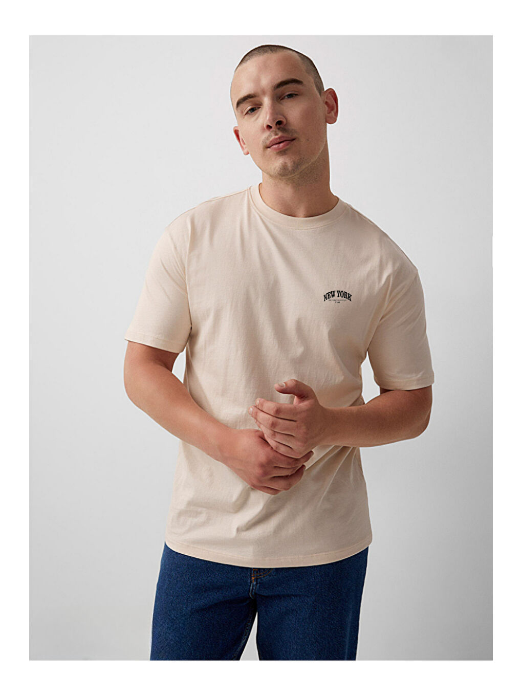 Bej Erkek Bisiklet Yaka New York Baskılı Tshirt SPR25TS29