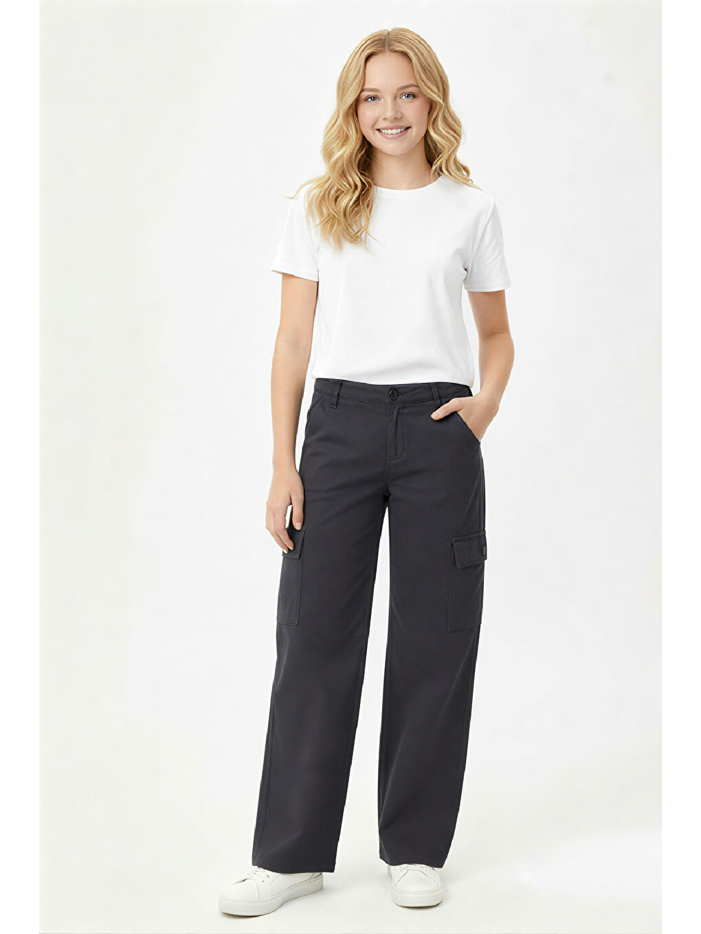 Siyah Kız Çocuk Yüksek Bel-Kargo Cepli-Geniş Paçalı Pantolon 12-16 Yaş 12523