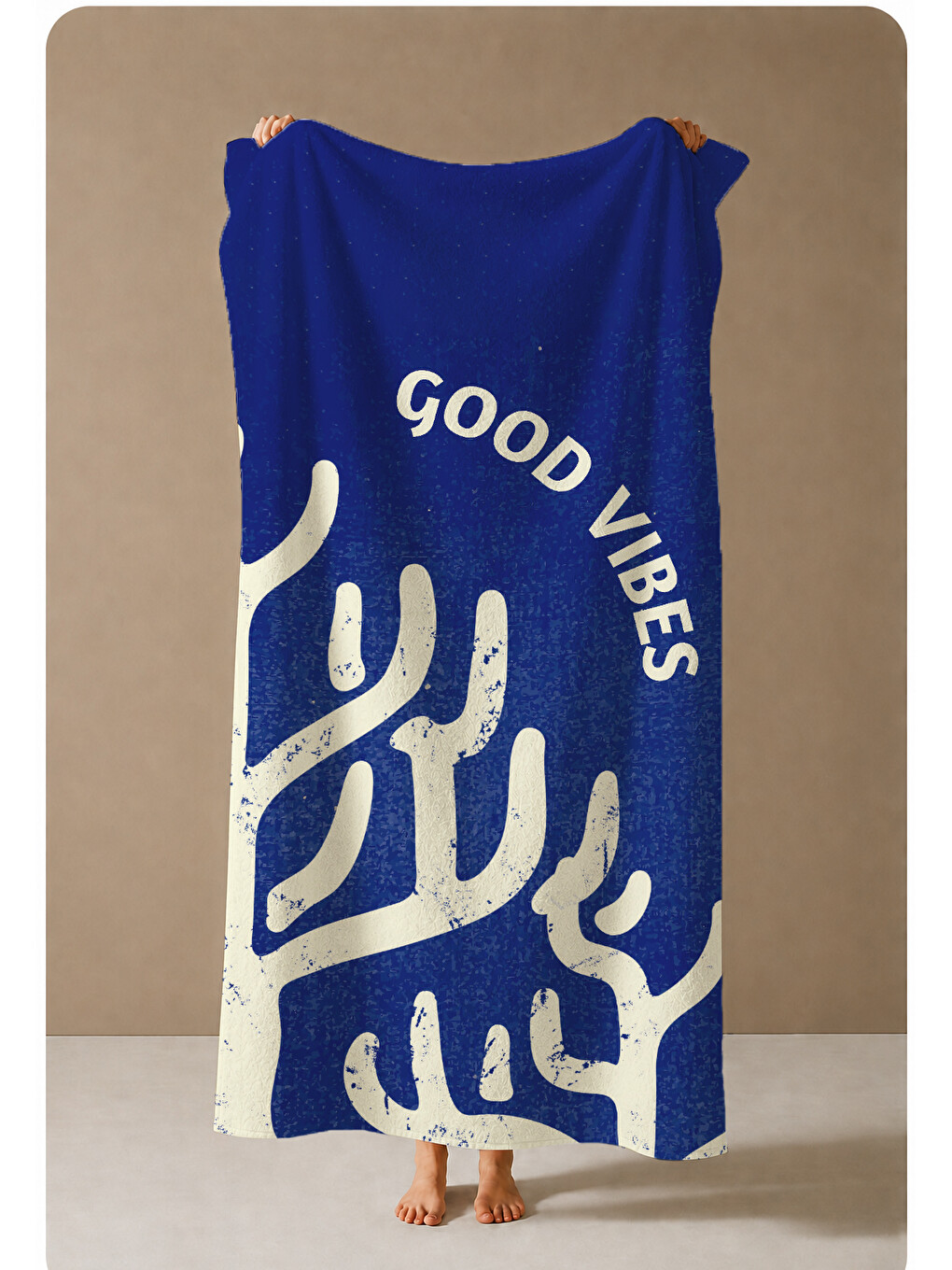 Lacivert Good Vibes Yazılı Minimal El Desenli 70x150 Cm Dijital Baskılı Plaj Ve Banyo Havlusu-3