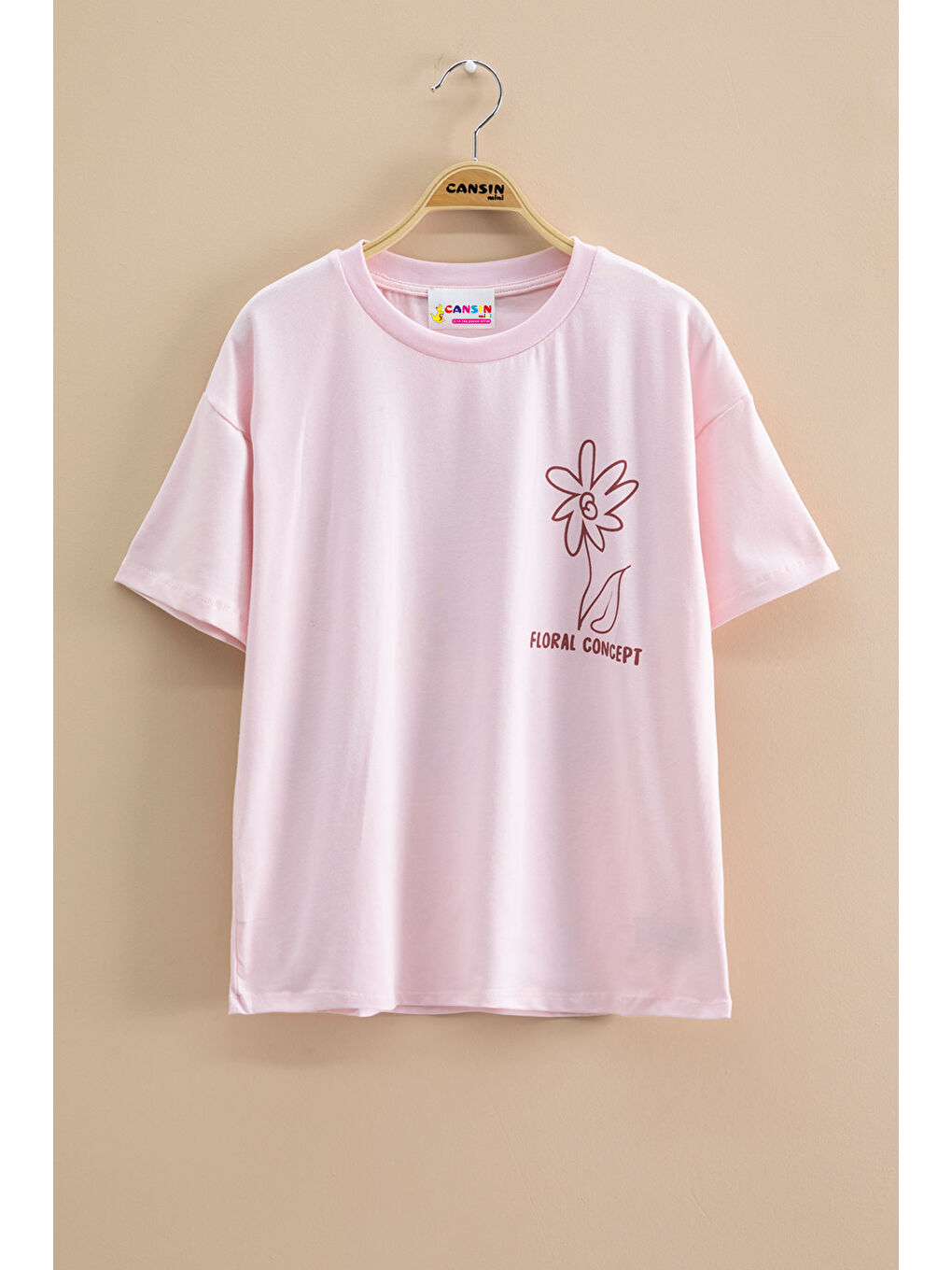 Pembe Çiçek Baskılı Sırtı Yazılı Kız Çocuk Bisiklet Yaka Tişört 20965