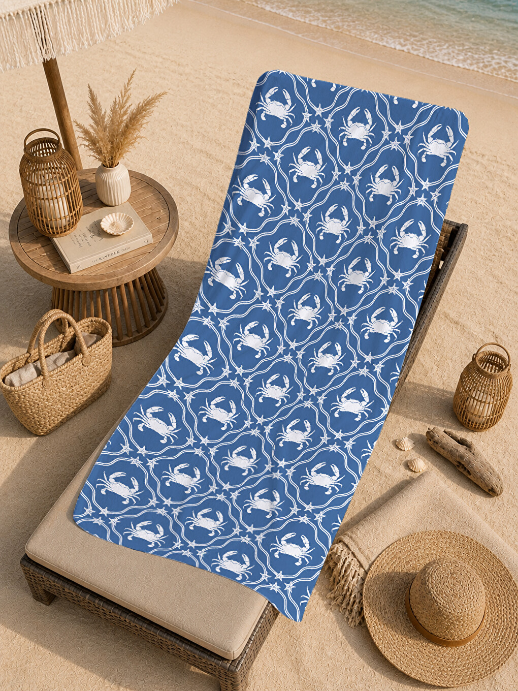 Lacivert Beyaz Klasik Yengeç Damask Desenli 70x150 Cm Dijital Baskılı Plaj Ve Banyo Havlusu-4