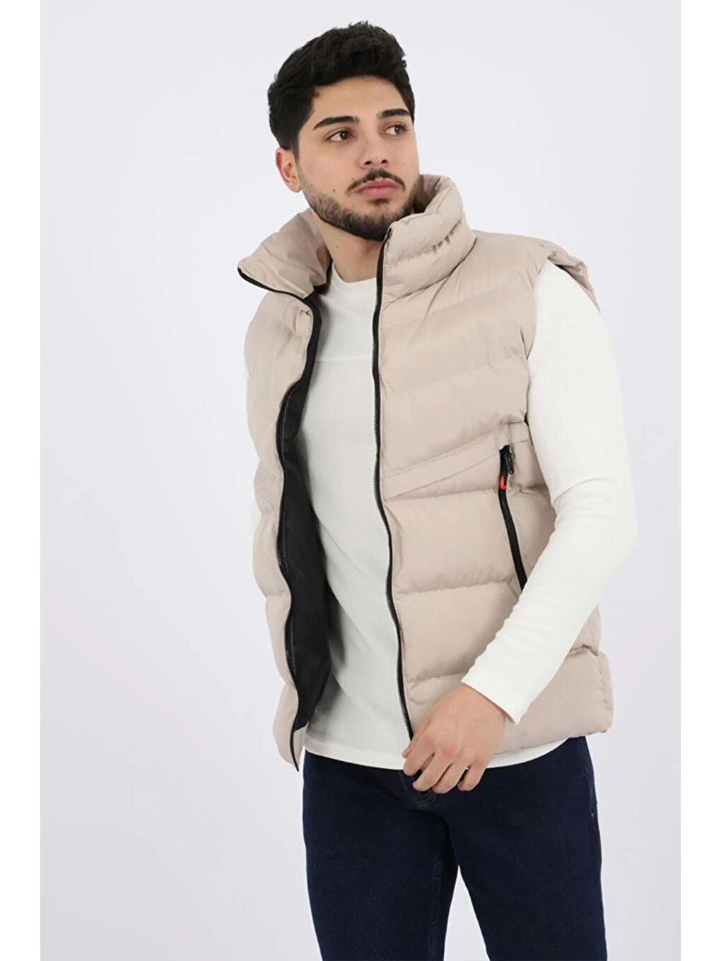 Bej Uzun Fermuar Cepli Çapraz Şişme Yelek PLDP 2923