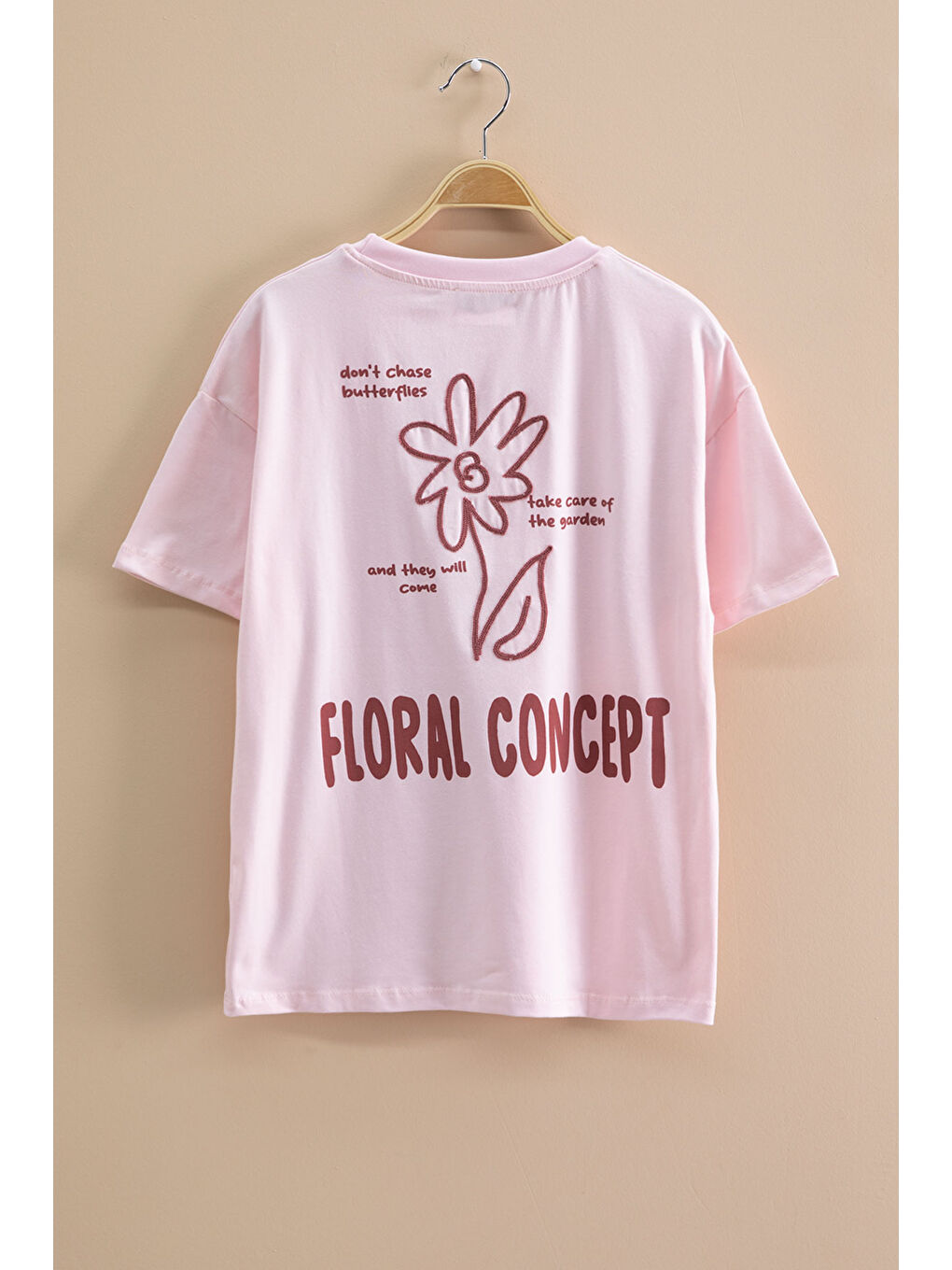 Pembe Çiçek Baskılı Sırtı Yazılı Kız Çocuk Bisiklet Yaka Tişört 20965-2