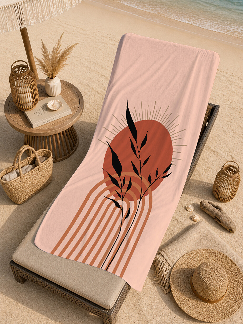 Pudra Pembe Terracotta Yaprak Desenli 70x150 Cm Dijital Baskılı Plaj Ve Banyo Havlusu-3