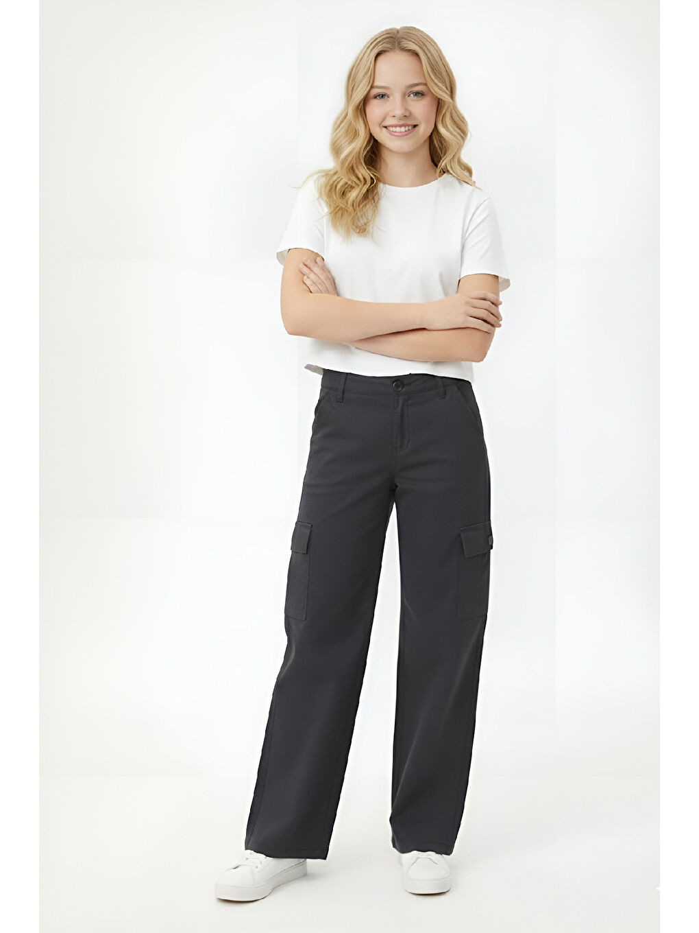 Siyah Kız Çocuk Yüksek Bel-Kargo Cepli-Geniş Paçalı Pantolon 12-16 Yaş 12523-1