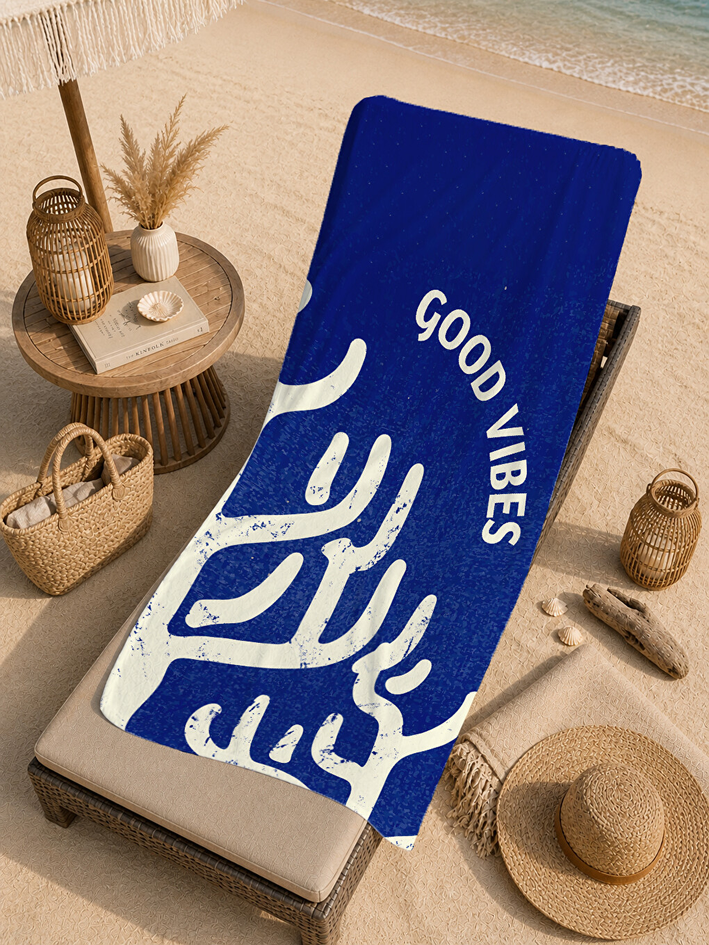 Lacivert Good Vibes Yazılı Minimal El Desenli 70x150 Cm Dijital Baskılı Plaj Ve Banyo Havlusu-4