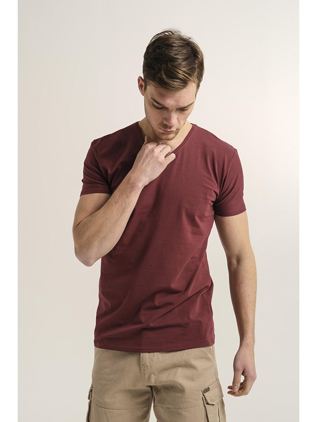 Bordo V Yaka Slim Fit Basic Erkek Tişört