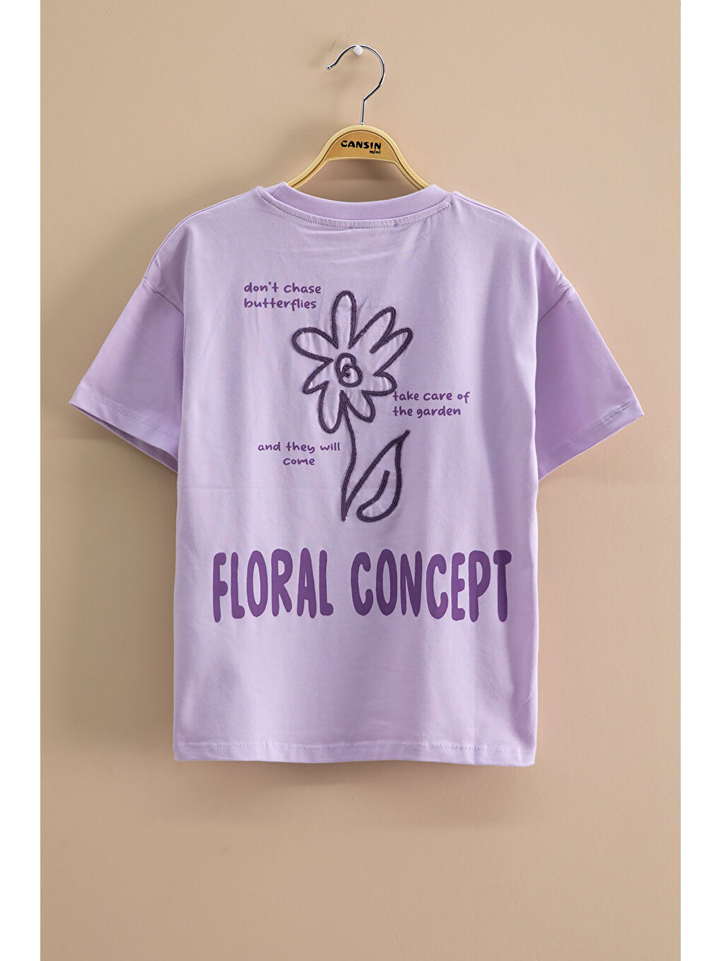 Lila Çiçek Baskılı Sırtı Yazılı Kız Çocuk Bisiklet Yaka Tişört 20966-2