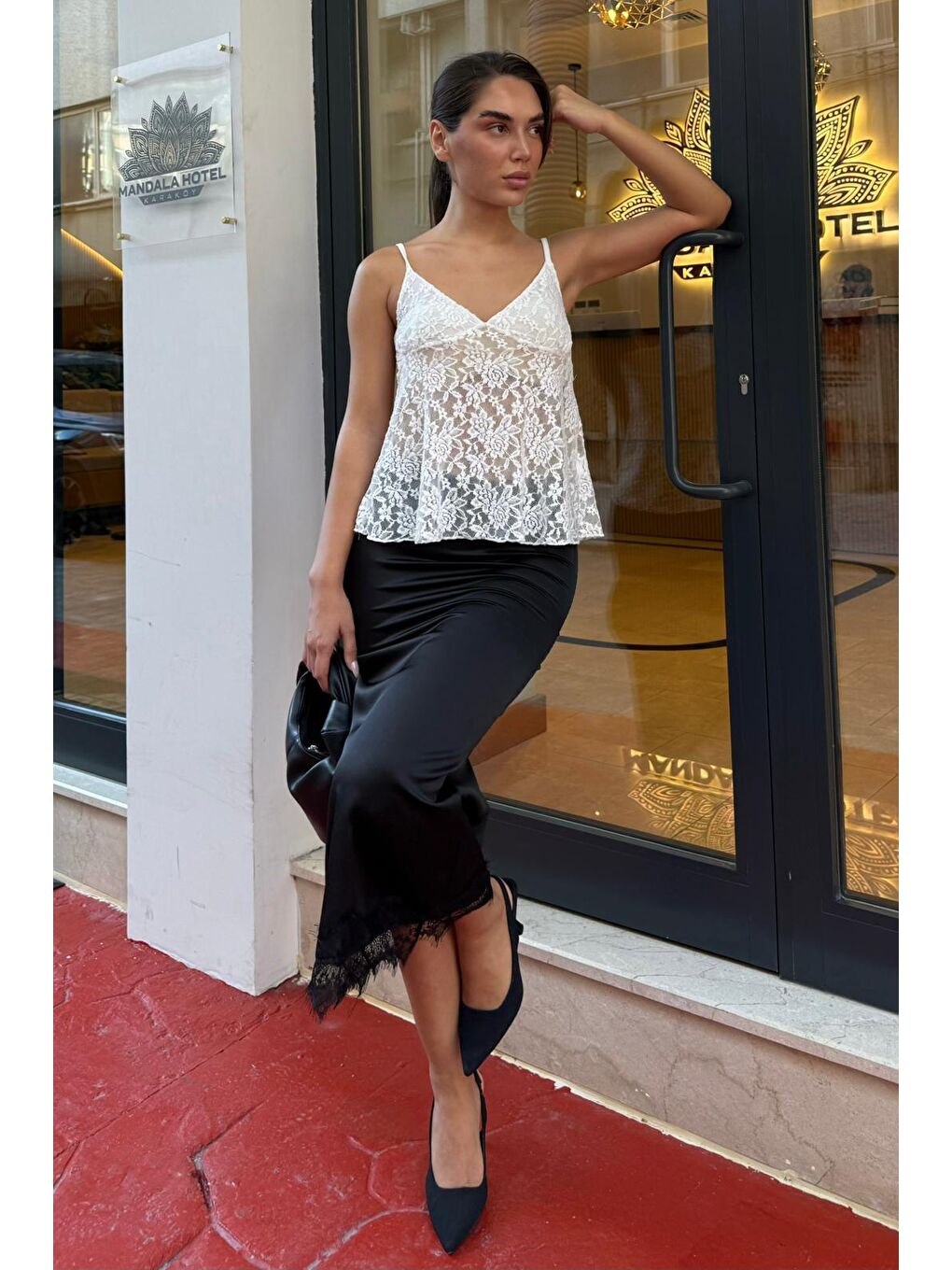 Siyah Saten Dantelli Midi Boy Kadın Etek Mg2538-6