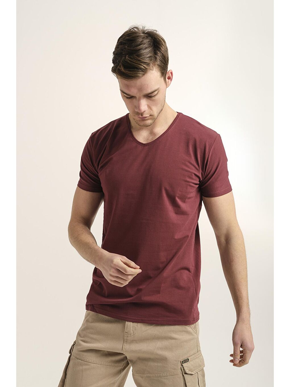 Bordo V Yaka Slim Fit Basic Erkek Tişört-1