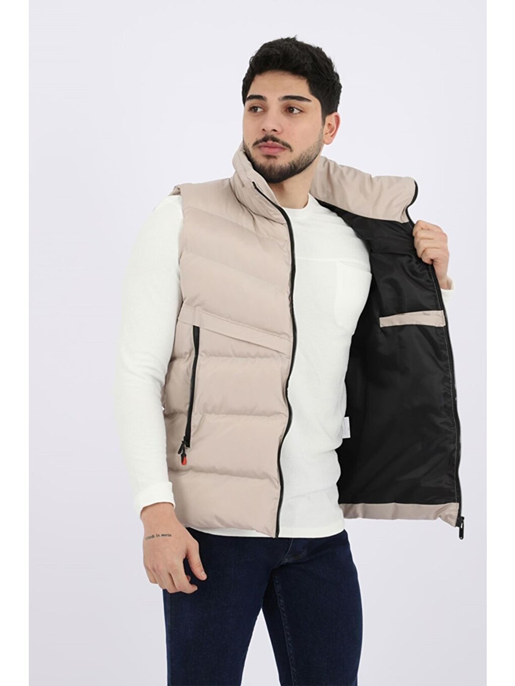 Bej Uzun Fermuar Cepli Çapraz Şişme Yelek PLDP 2923-1