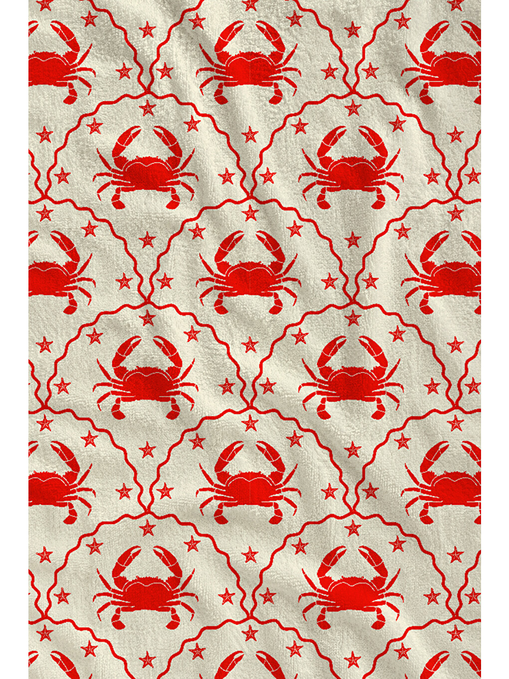 Ekru Krem Kırmızı Tekrarlı Yengeç Desenli 70x150 Cm Dijital Baskılı Plaj Ve Banyo Havlusu-1