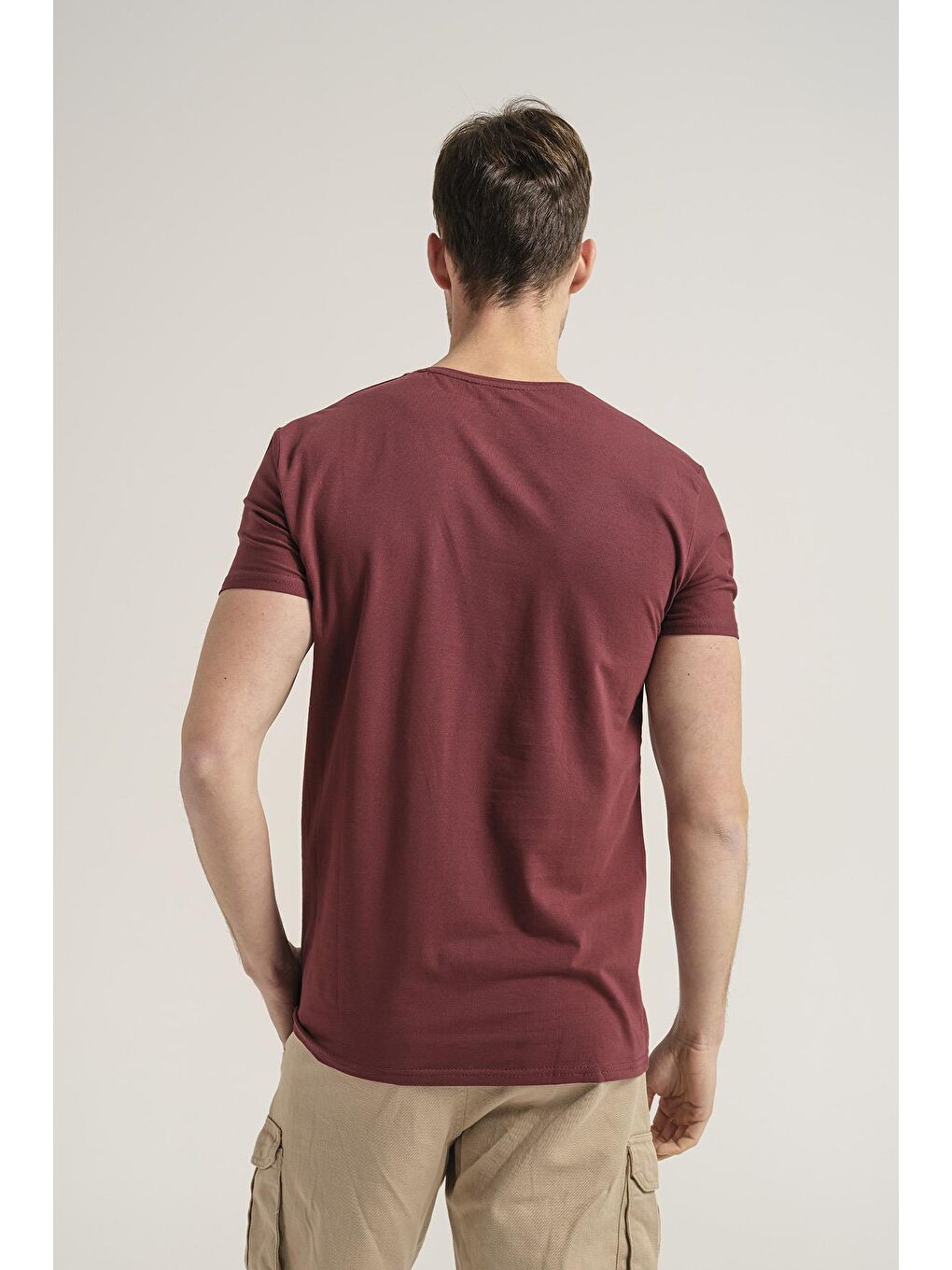 Bordo V Yaka Slim Fit Basic Erkek Tişört-2