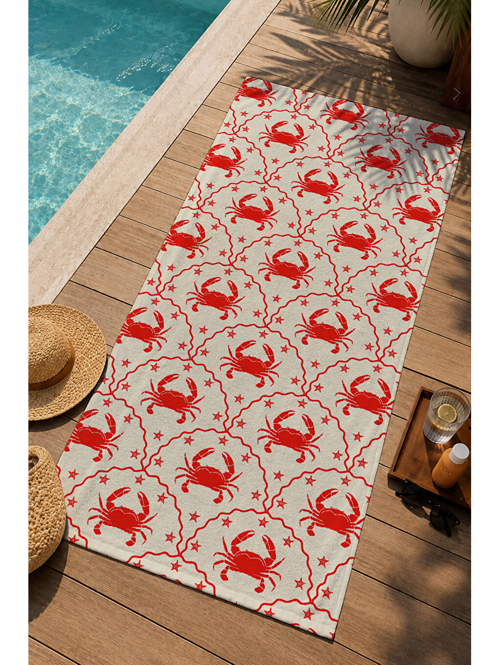 Ekru Krem Kırmızı Tekrarlı Yengeç Desenli 70x150 Cm Dijital Baskılı Plaj Ve Banyo Havlusu-2