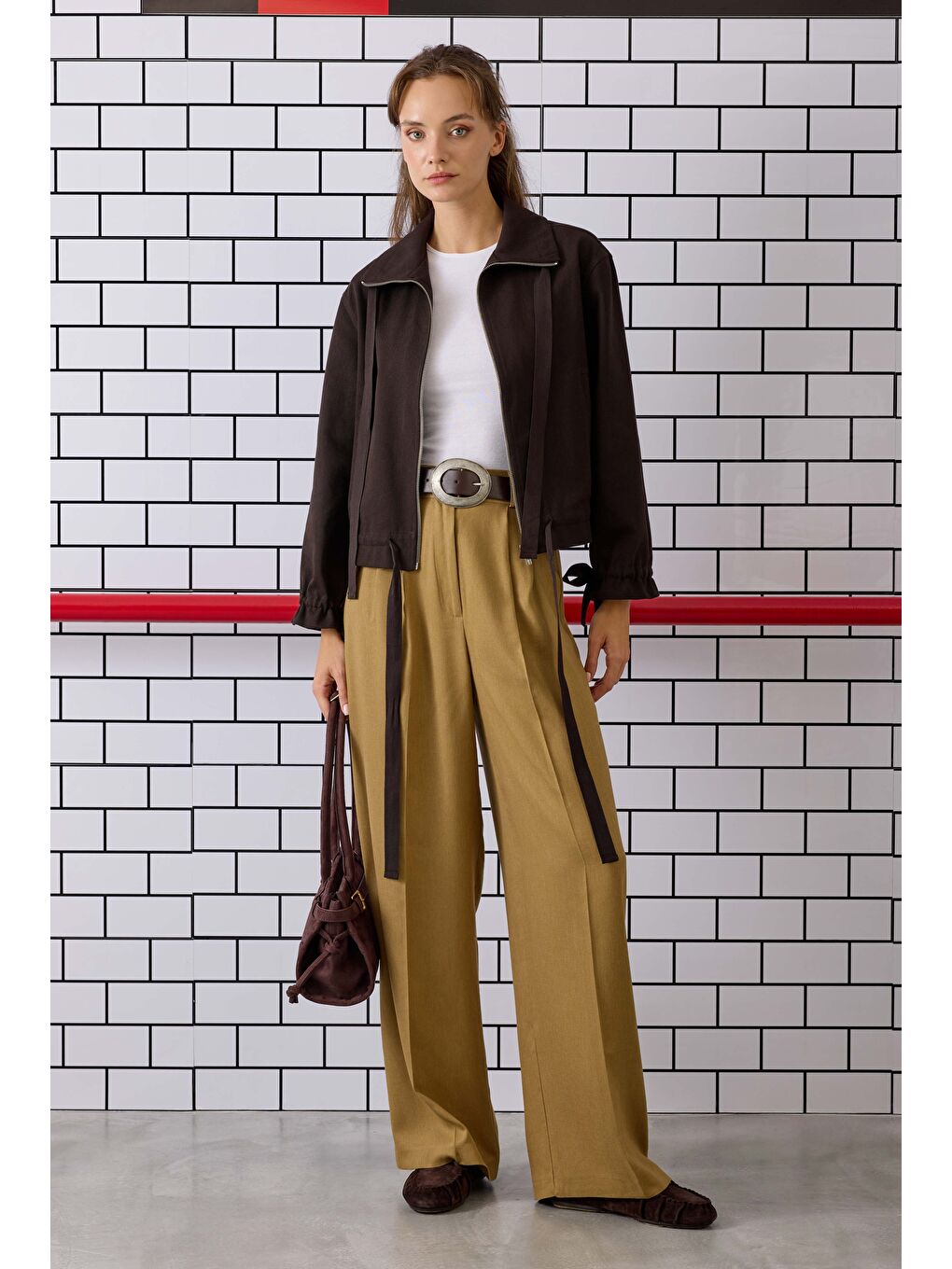 Kahverengi Pile Detaylı Palazzo Pantolon Camel-1