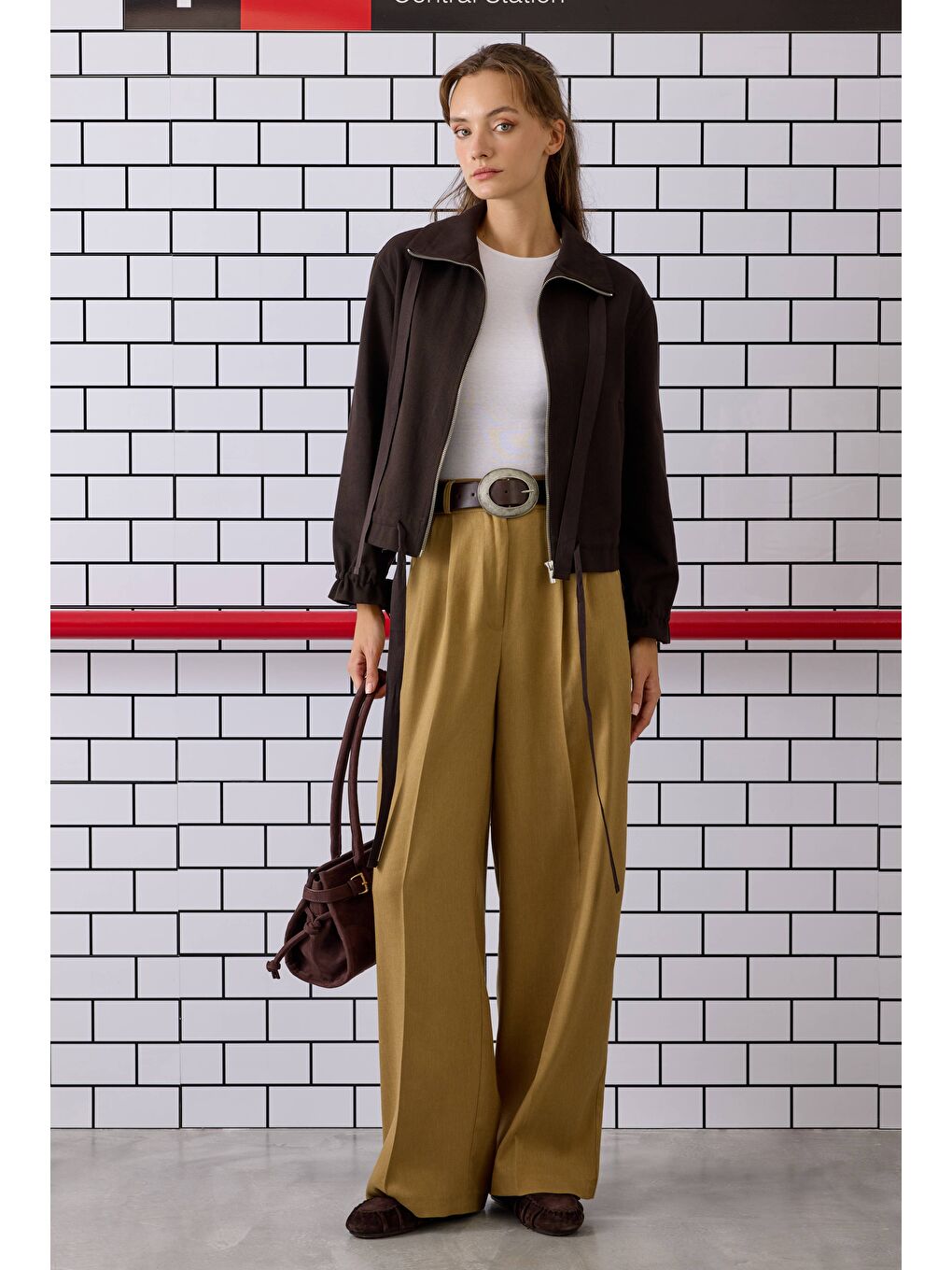 Kahverengi Pile Detaylı Palazzo Pantolon Camel-2