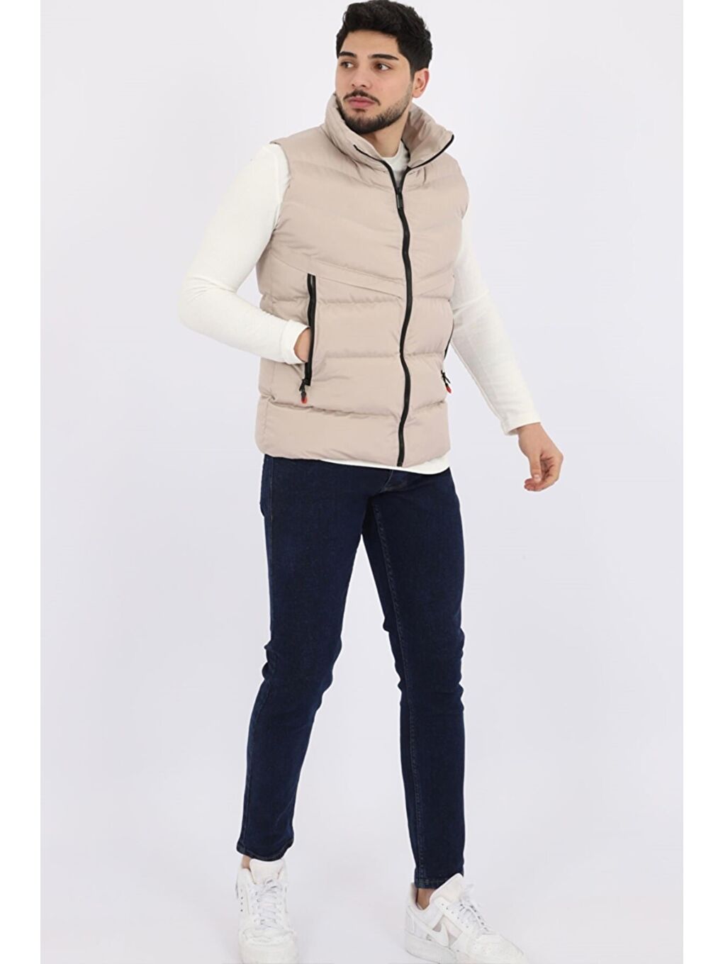 Bej Uzun Fermuar Cepli Çapraz Şişme Yelek PLDP 2923-2