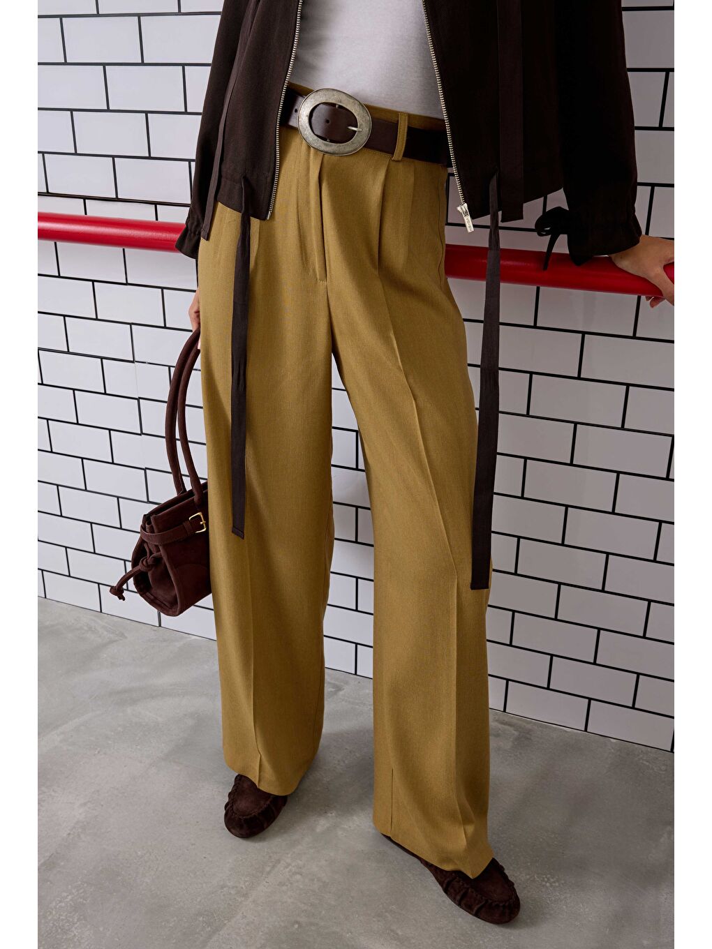 Kahverengi Pile Detaylı Palazzo Pantolon Camel-3