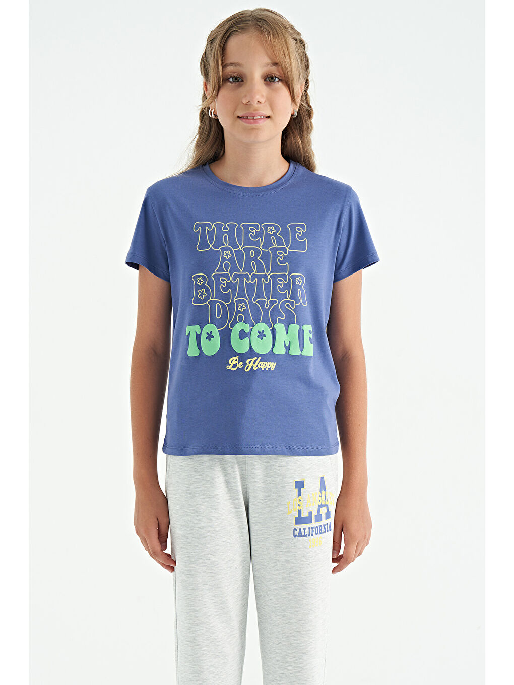 Mor Açık Eflatun O Yaka Yazı Baskılı Rahat Form Kısa Kollu Cropped Kız Çocuk Tişört - 75118