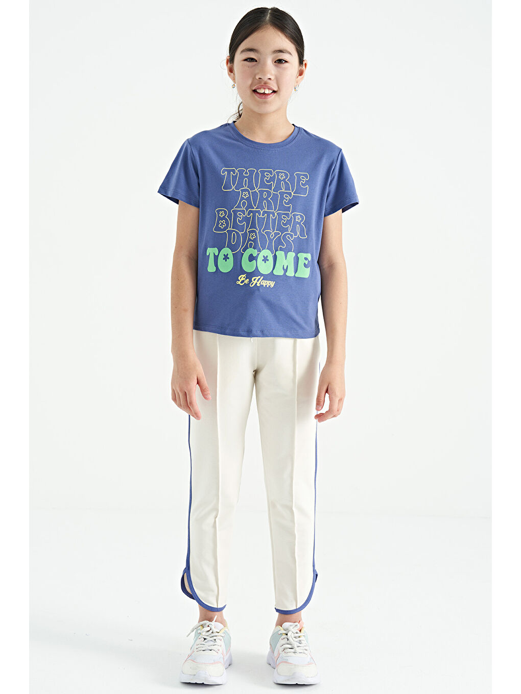 Mor Açık Eflatun O Yaka Yazı Baskılı Rahat Form Kısa Kollu Cropped Kız Çocuk Tişört - 75118-2