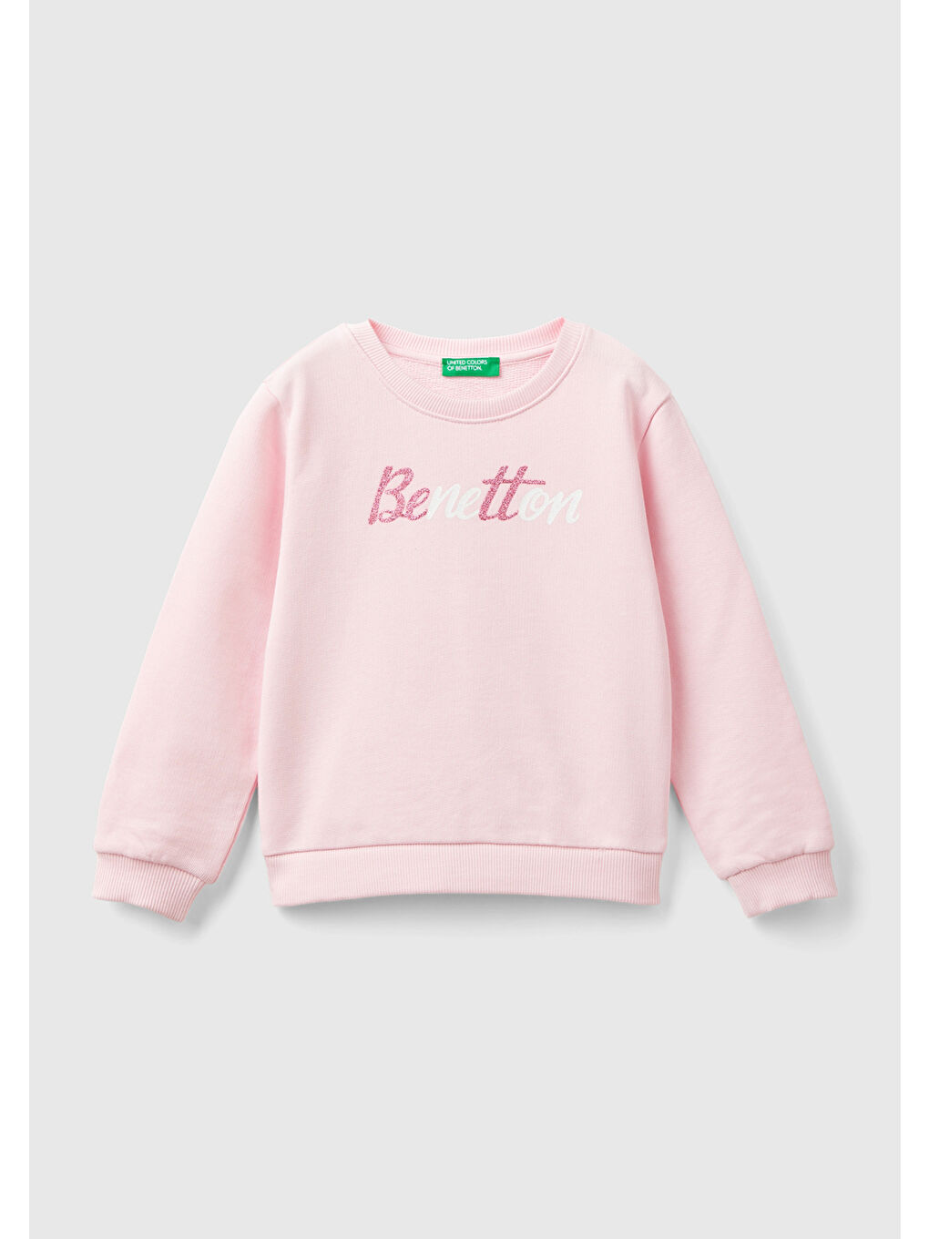 United Colors Of Benetton Kız Çocuk Açık Pembe Önü Simli Logo Baskılı Normal Kesim Bisiklet Yaka Sweatshirt