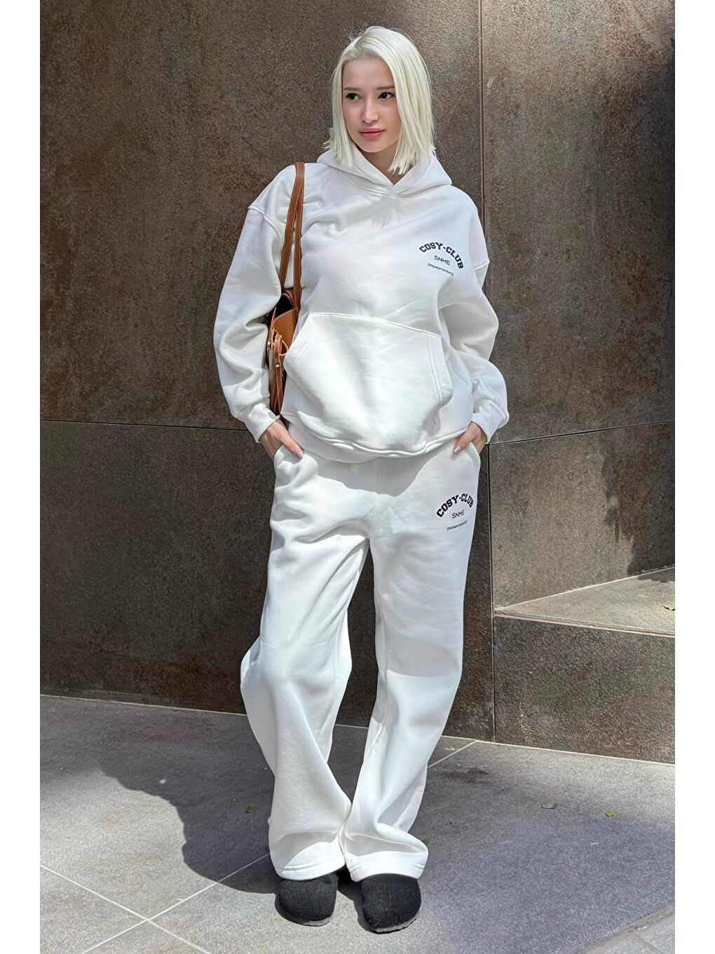 Ekru Kapüşonlu Baskılı Kadın Eşofman Takımı Mg2524
