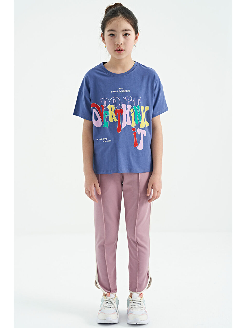 Mor Açık Eflatun Renki Yazı Baskılı O Yaka Oversize Kısa Kollu Kız Çocuk Tişört - 75112-2