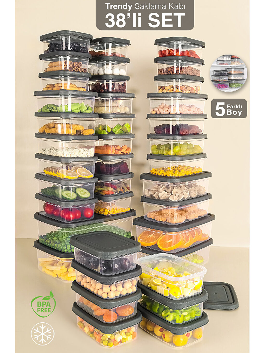 Gri 38'li Dikdörtgen Erzak Saklama Kabı