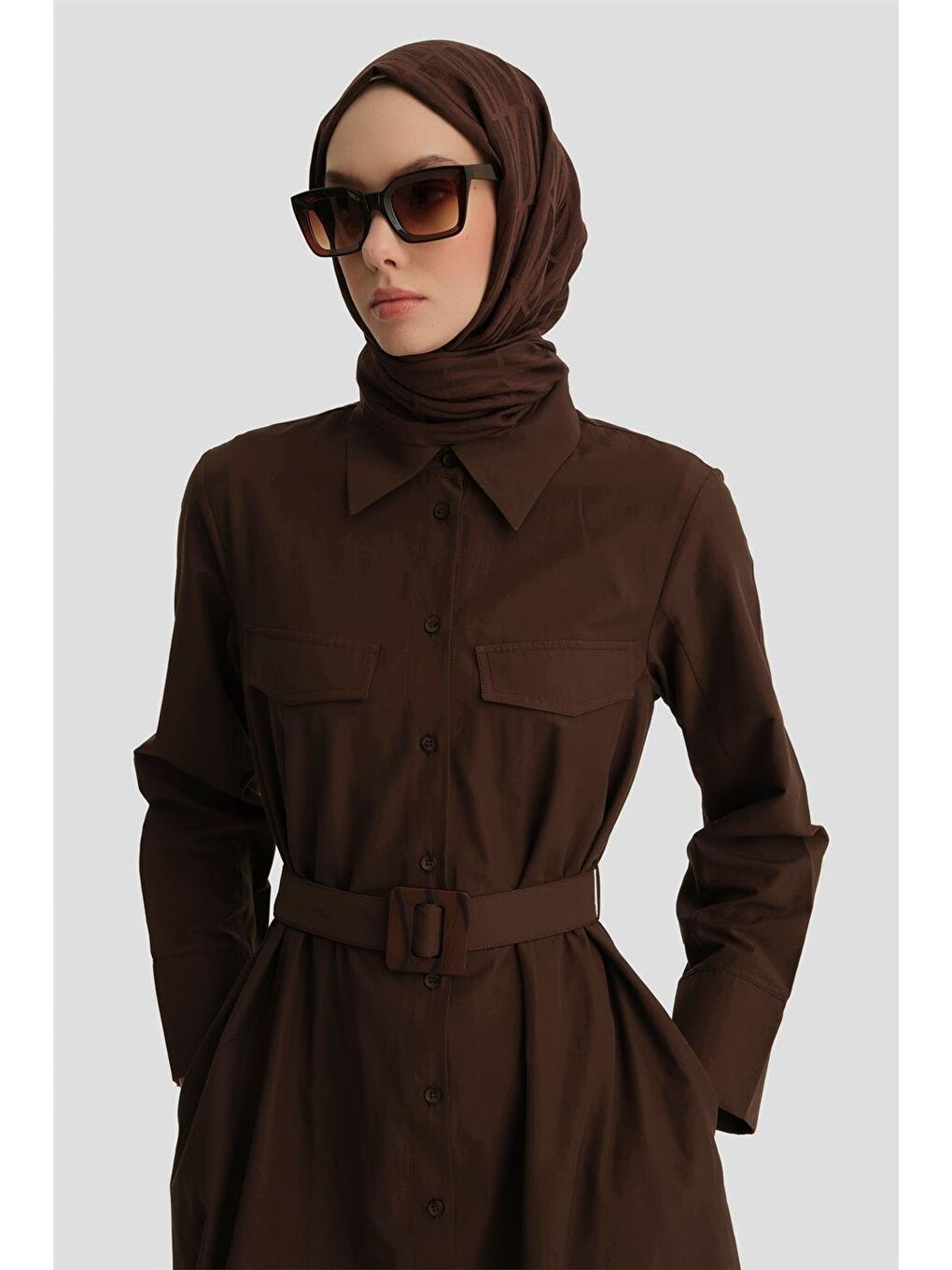 Pens Detaylı Pamuk Elbise 25Y9009 Kahverengi-3