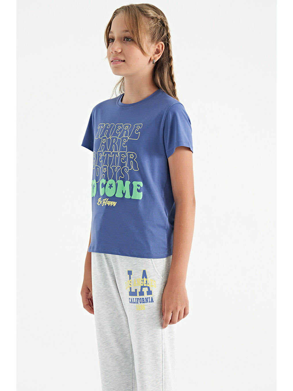 Mor Açık Eflatun O Yaka Yazı Baskılı Rahat Form Kısa Kollu Cropped Kız Çocuk Tişört - 75118-6