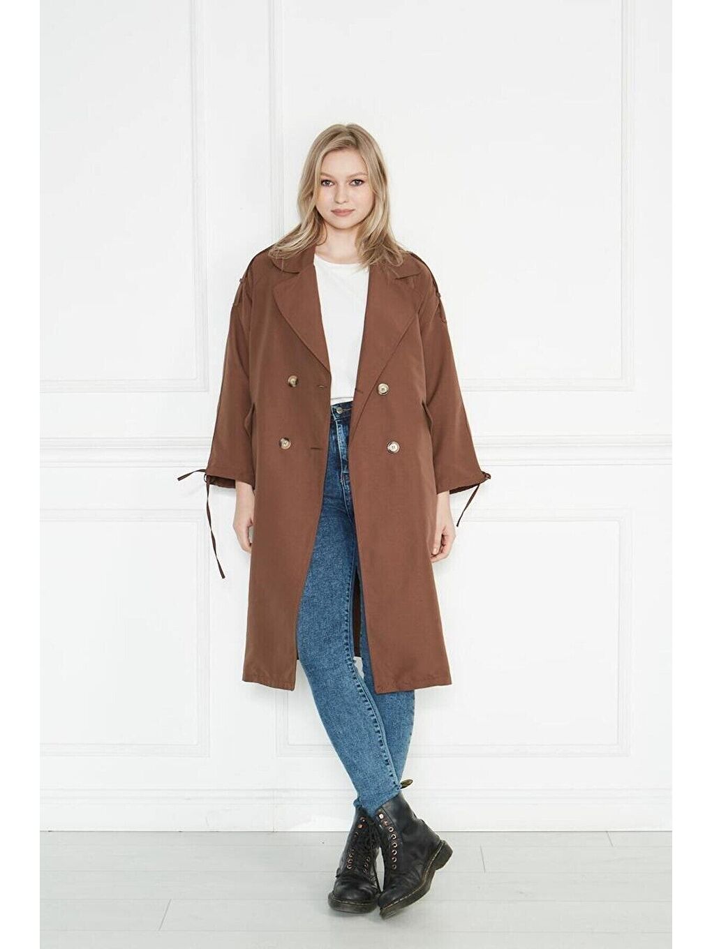 Kahverengi Kadın Astarsız Kolu Büzgülü Owersize Gabardin Trençkot-2
