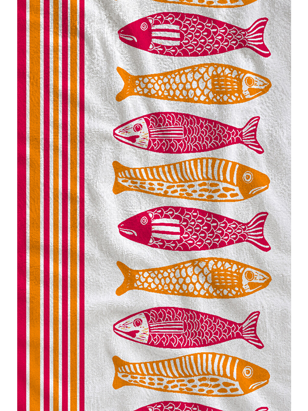 Milbay Grup Beyaz Pembe Turuncu Çizgili Balık Desenli 70x150 Cm Dijital Plaj Ve Banyo Havlusu-37241-1