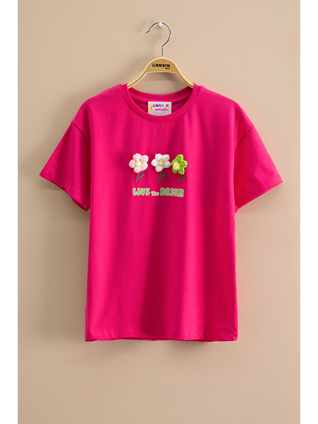 Fuşya Papatya Nakışlı Bisiklet Yaka Kız Çocuk Tişört 20983