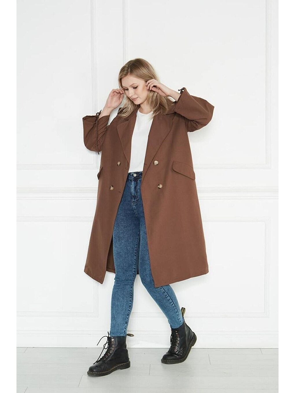 Kahverengi Kadın Astarsız Kolu Büzgülü Owersize Gabardin Trençkot-3