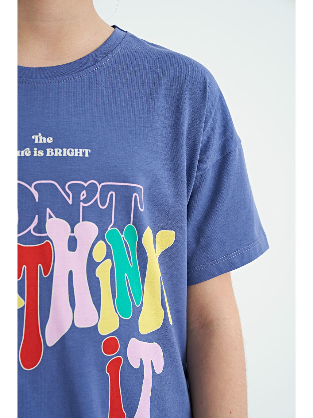 Mor Açık Eflatun Renki Yazı Baskılı O Yaka Oversize Kısa Kollu Kız Çocuk Tişört - 75112-8