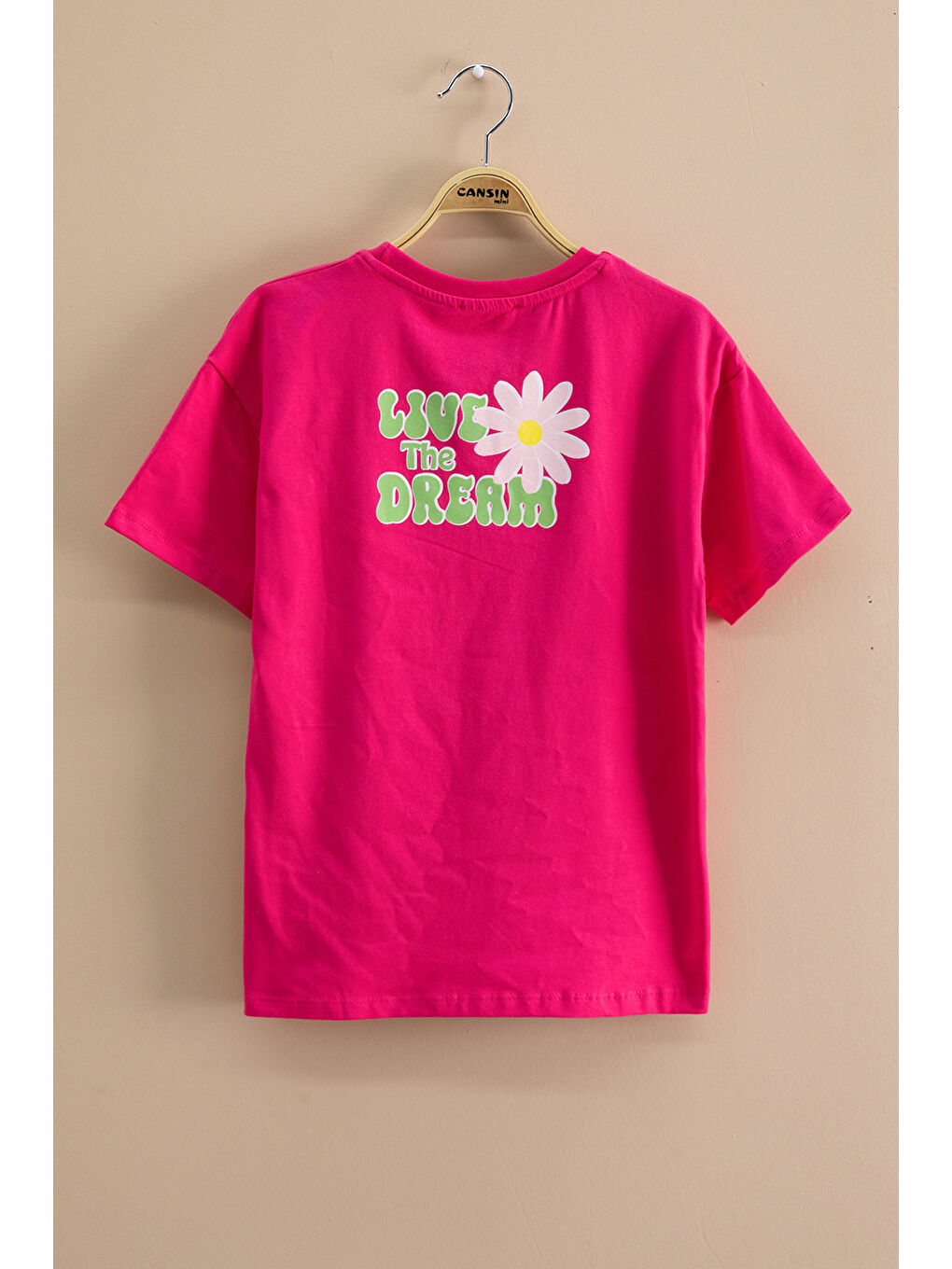 Fuşya Papatya Nakışlı Bisiklet Yaka Kız Çocuk Tişört 20983-2