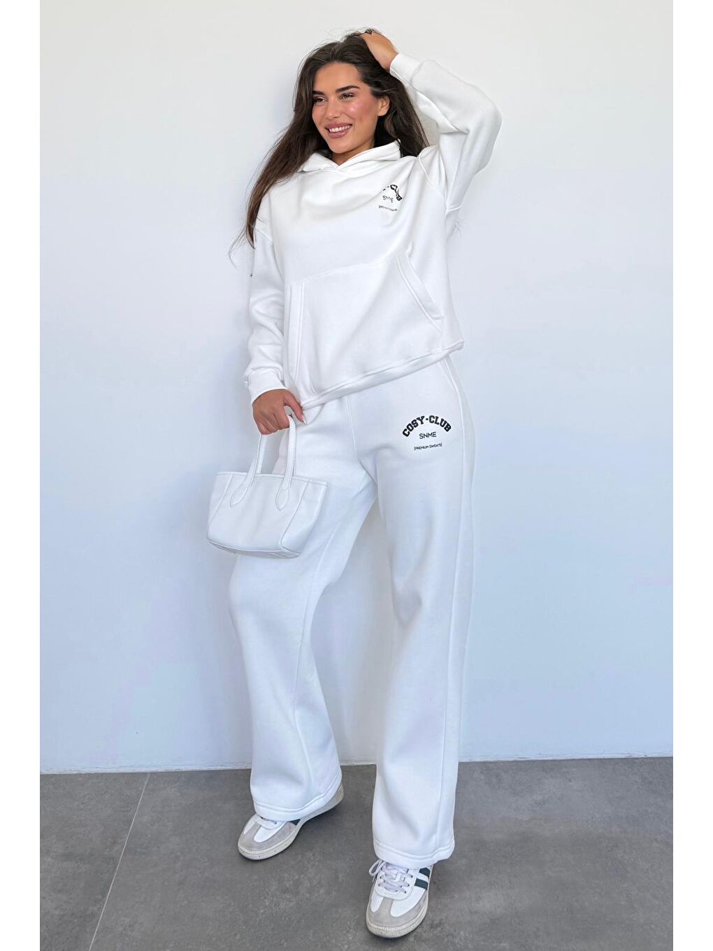 Ekru Kapüşonlu Baskılı Kadın Eşofman Takımı Mg2524-1