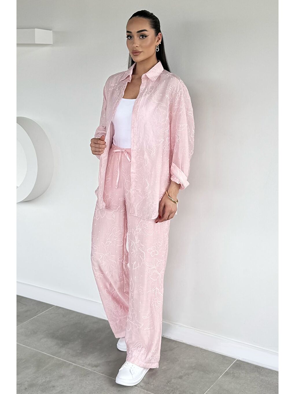 Pembe Kadın Bel Lastikli Kabartma Desenli Pantolon