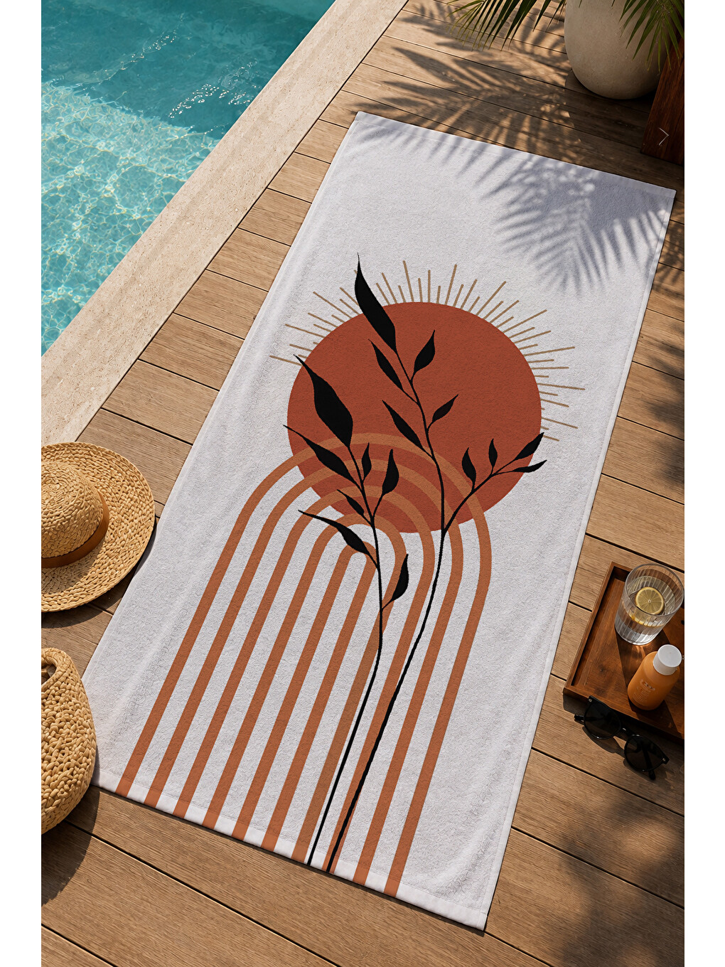 Ekru Beyaz Terracotta Yaprak Ve Kemer Desenli 70x150 Cm Dijital Baskılı Plaj Ve Banyo Havlusu-1