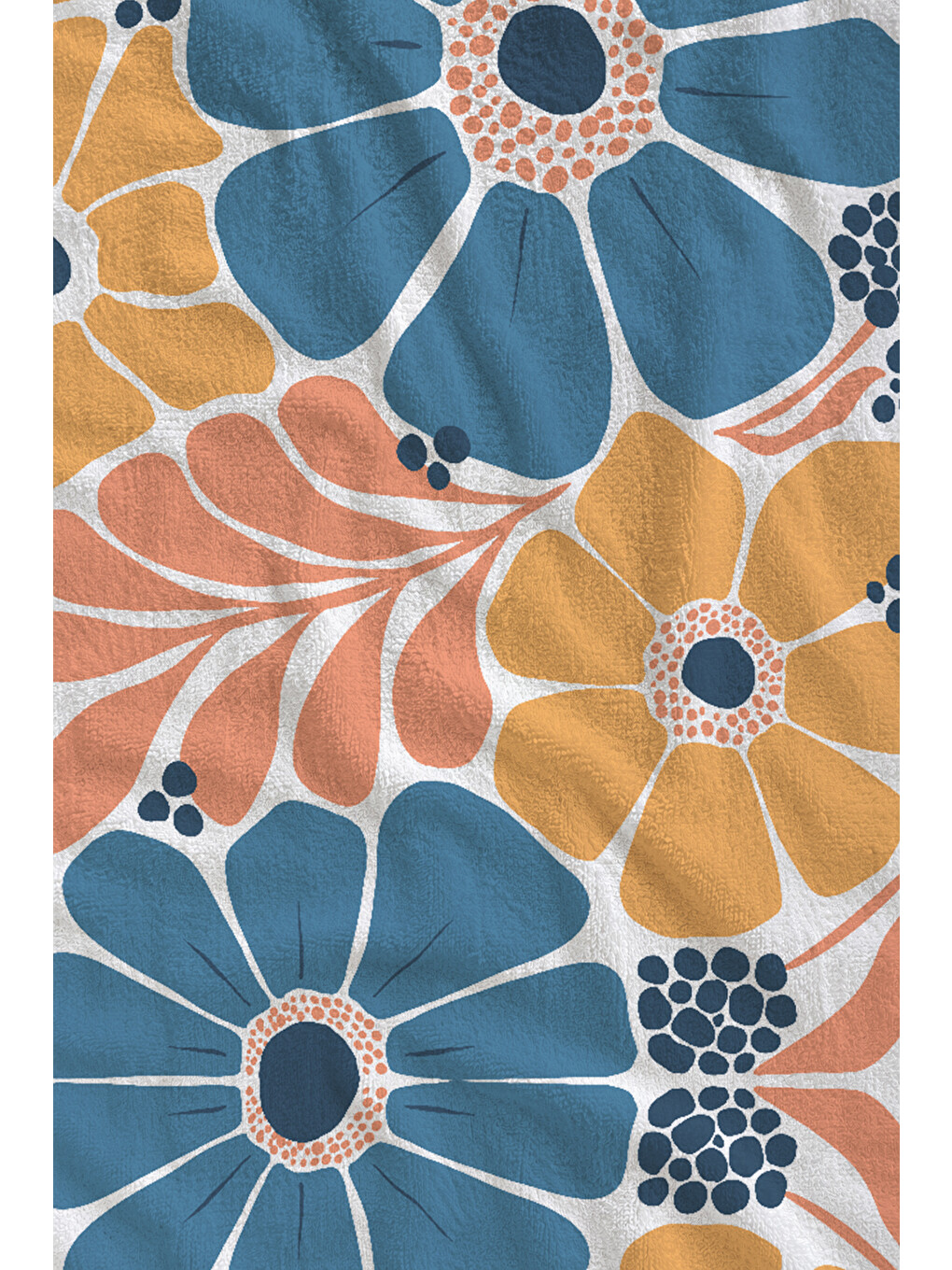 Mavi Turuncu Büyük Retro Çiçek Desenli 70x150 Cm Dijital Baskılı Plaj Ve Banyo Havlusu