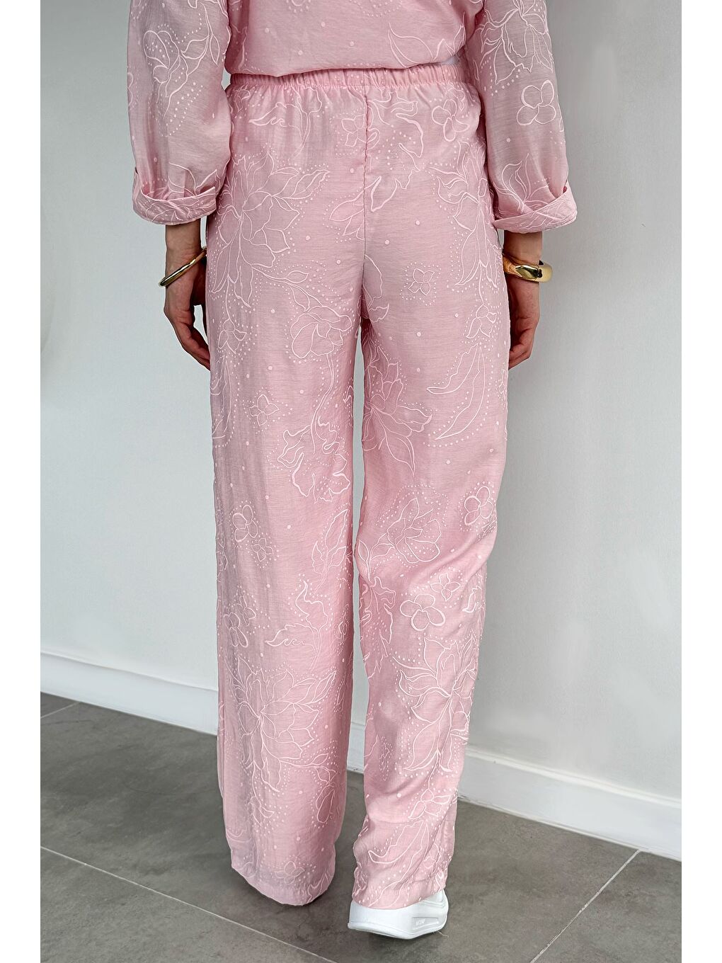 Pembe Kadın Bel Lastikli Kabartma Desenli Pantolon-2